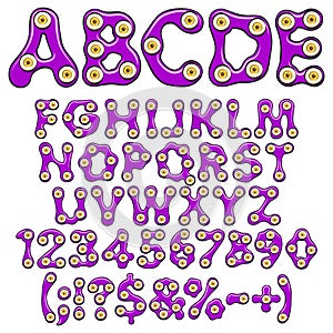 Alphabet, letters, numbers and signs of purple slime with orange eyes for Halloween. Set of isolated vector objects